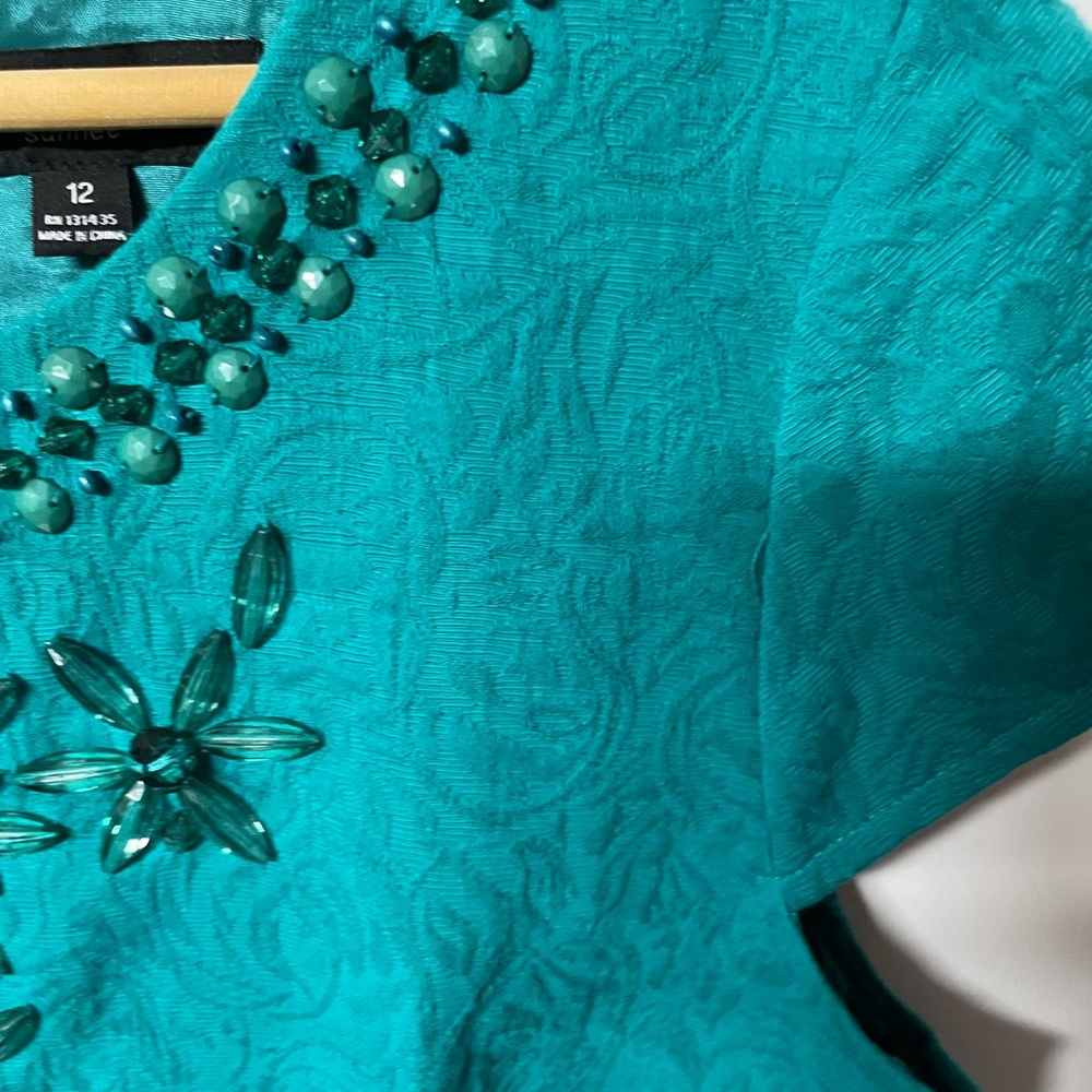 CheetaB Sunhee pretty Jacquard teal cap sleeve sheath dress w/ bodice beading - Picture 4 of 7